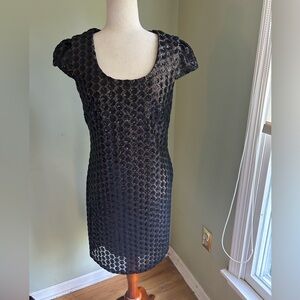 Vintage Rubber Ducky black sequin sheath dress L. Cap sleeves, midi length.